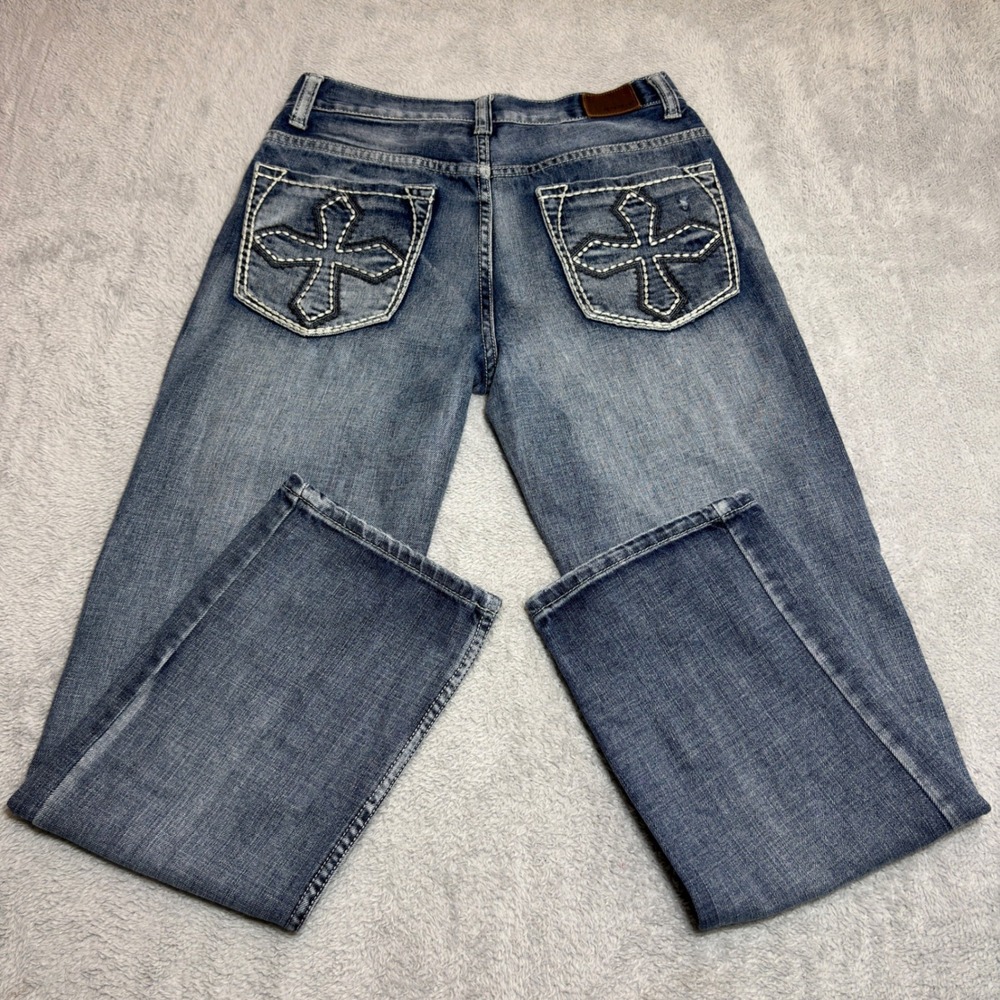 Flypaper Jeans Mens 30x30 Blue Straight Leg Distressed Cross Embroidered Y2K